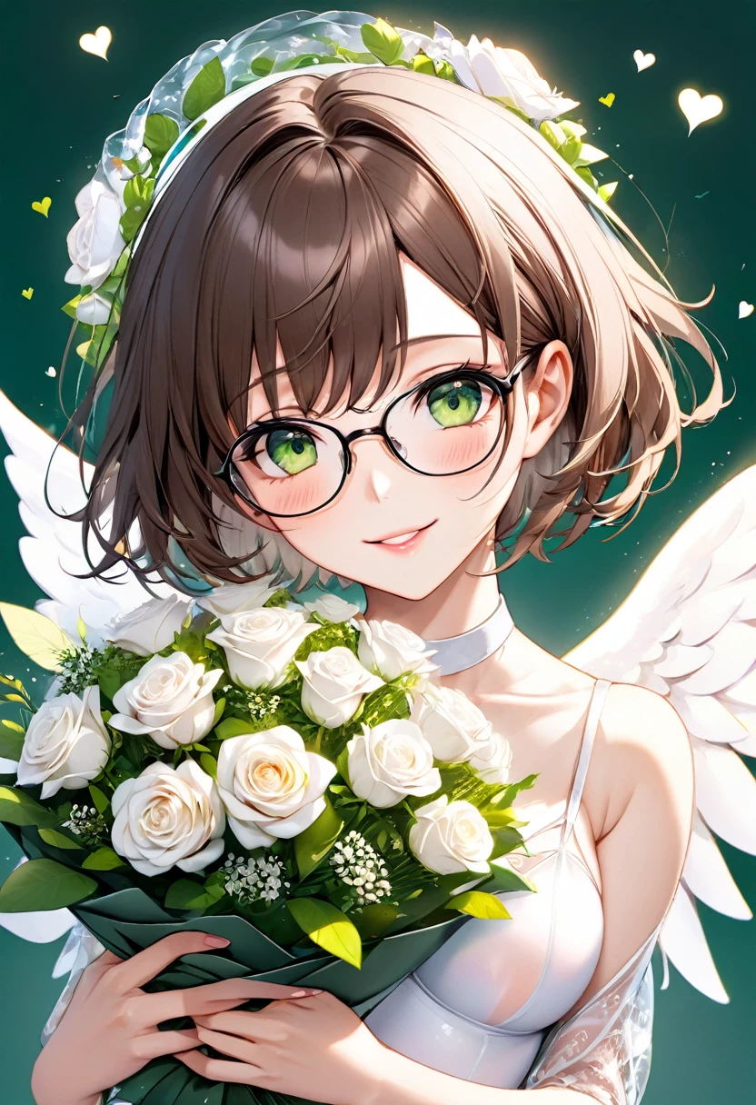 (perfect natural beauty style), (pov, focus face, close up face, solo:2, 32yo) (detailed bob) (immensely beautiful brown hair short hair), (best cute sexy woman) (immensely sexy green eyes, glasses) (ecstasy smile) (glossy lip) (medium:1.3 tits), in a best cute white angel leotard with double exposure:1.2 love hearts, break, hand holding a beautiful detailed big bouquet of white rose, break, ((background font is "Thanks")), BREAK, perfect anatomy, masterpiece, best quality, 16k, beautiful detailed thanks, daydreaming expression.