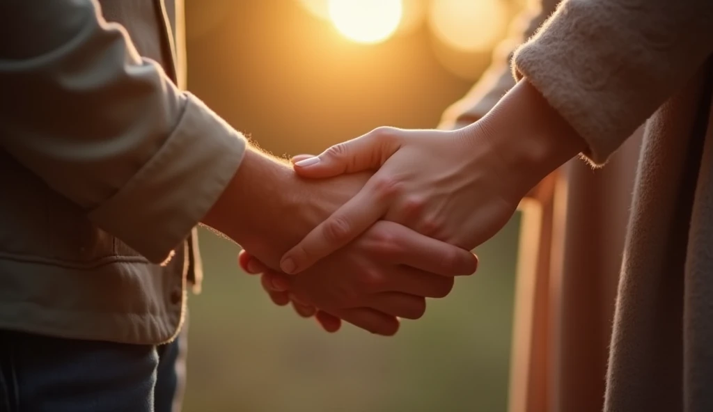 An ultra-realistic close-up of a couple's hands, A Man and a Woman, taken gently. The hands are intertwined in a romantic gesture, with a soft, out-of-focus background to highlight the emotional connection. The lighting is warm and soft, highlighting the texture of the skin and the details of the hands. The atmosphere conveys warmth and affection, without showing other parts of the body, keeping attention on the hands