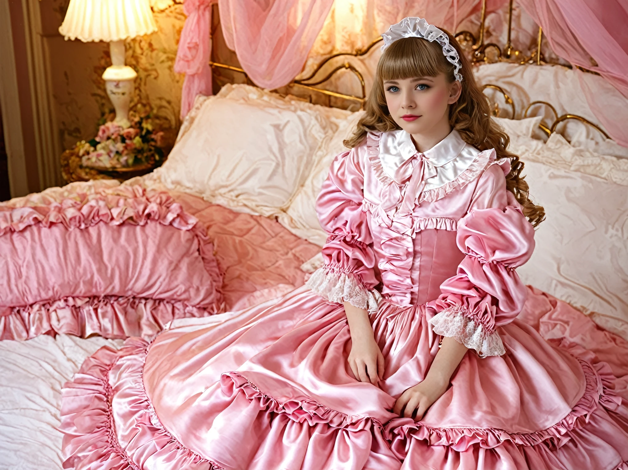 Beautifull 1girl on the bed,early teenage,a pink silk satin frilled blouse and skirt,medium dress,detailed ribbons,detailed lace petticoat,frilled sleeves,,a bed with a mountain of silk satin pillows,canopy bed,king size bed,more big bed,lot of silk satin frilled pillows,more pillows, A plump qulited silk satin soft devet,devet decorated ribbons, ruffles lace silk.retro white pipe bed frame, realistic, blue eyes, rolled long blond hear,