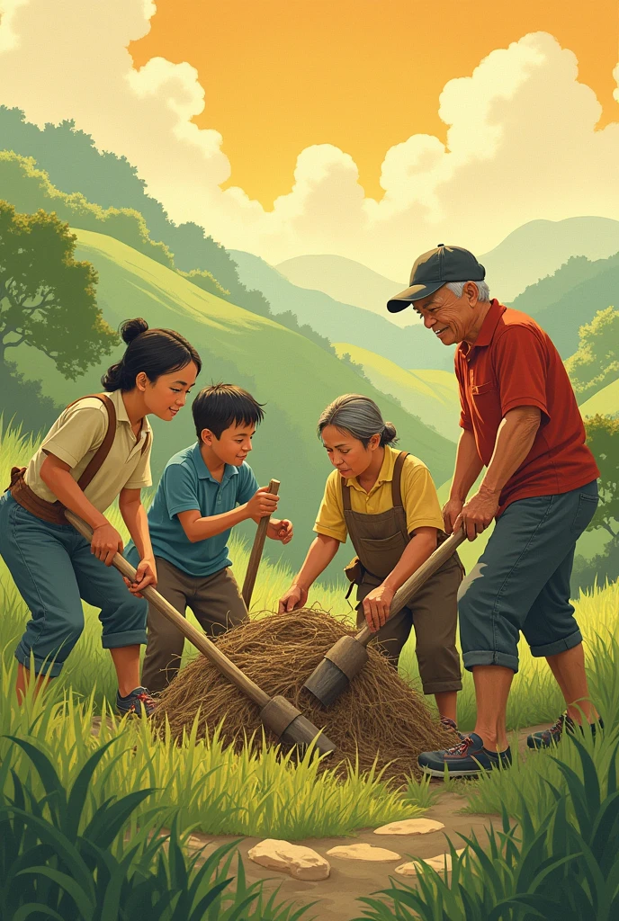 Ghibli anime style painting、Young and old people working together、Actively working outside