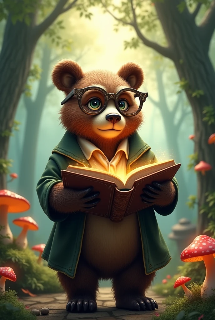 A teacher-like bear wearing fantasy glasses。Holding a book。Facing forward。Fantasy Forest。