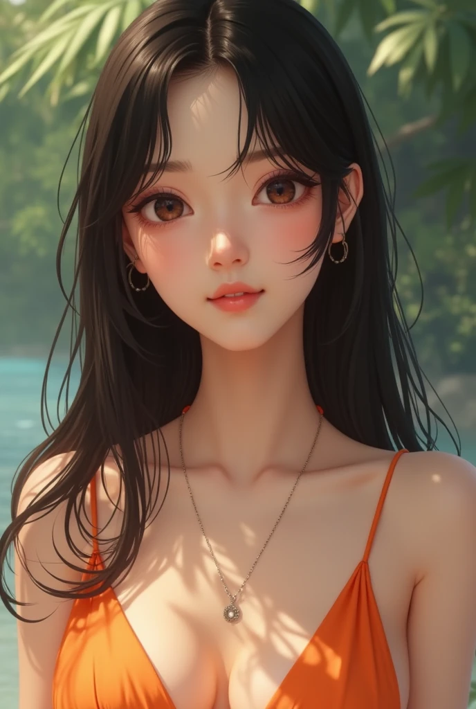 Hair: Long, straight, and dark brown, parted down the middle.
Skin tone: Light or fair complexion.
Clothing: She is wearing an orange spaghetti-strap top or bikini top.
Facial expression: Slight smile with a relaxed expression.
Accessories: Thin, delicate necklace.