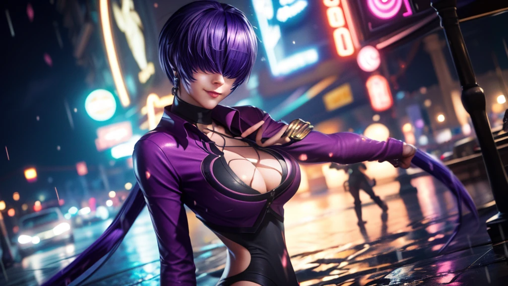 (at night), alone, in a video game scene a background of a beautiful city during the day raining, standing at attention, purple hair, ((purple hair)), 1 girl, alone, 20 years old, young woman, perfect hands , beautiful and perfect symmetrical fingers, beautiful long legs, perfect legs, beautiful body, beautiful nose, beautiful character design, perfect face, look at the viewer (focusing on the entire character), closed mouth, Light_Smile, official art, wallpaper Extremely detailed CG unity 8k, perfect lighting, bright and colorful front lighting, glowing skin (masterpiece: 1.0), (best quality: 1.0), ultra high resolution, 4K, ultra detailed photography, 8K, HDR, high resolution, nonsense: 1.2, Kodak portra 400, film grain, blurred background, bokeh: 1.2, lens flare, (vibrant_color: 1.2), professional photography, (beautiful_face: 1.5), (narrow waist),