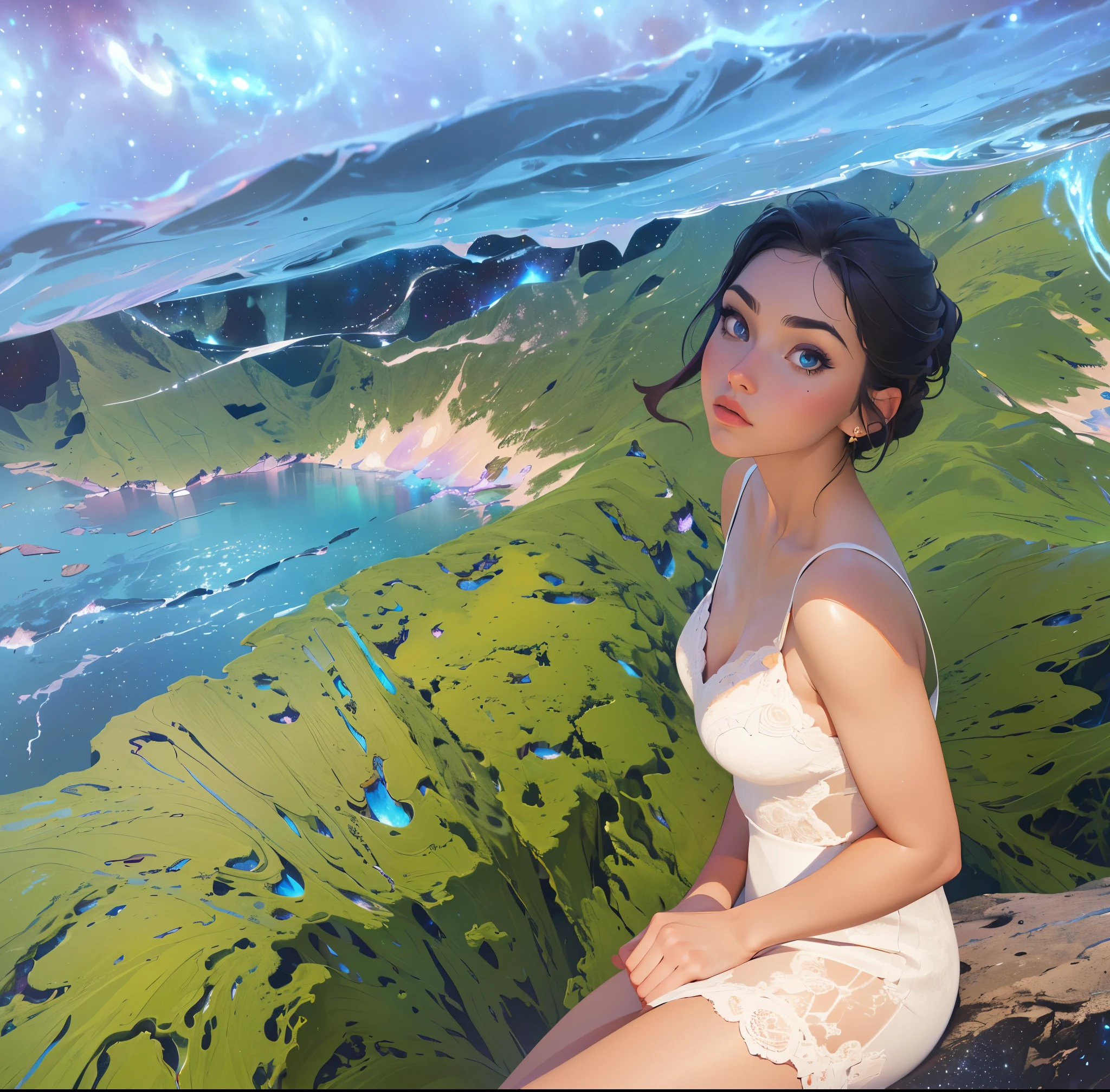 (masterpiece, best quality, highres, high resolution:1.2), extremely detailed, realistic, intricate details, 1girl, solo, looking at viewer, (abstract art:1.3), (dark theme:1.2), art, stylized, deep shadow, dark theme, cosmic nebula galaxies dress, cosmic beauty, in space, nebula, (cinematic lighting, bloom, volumetric),