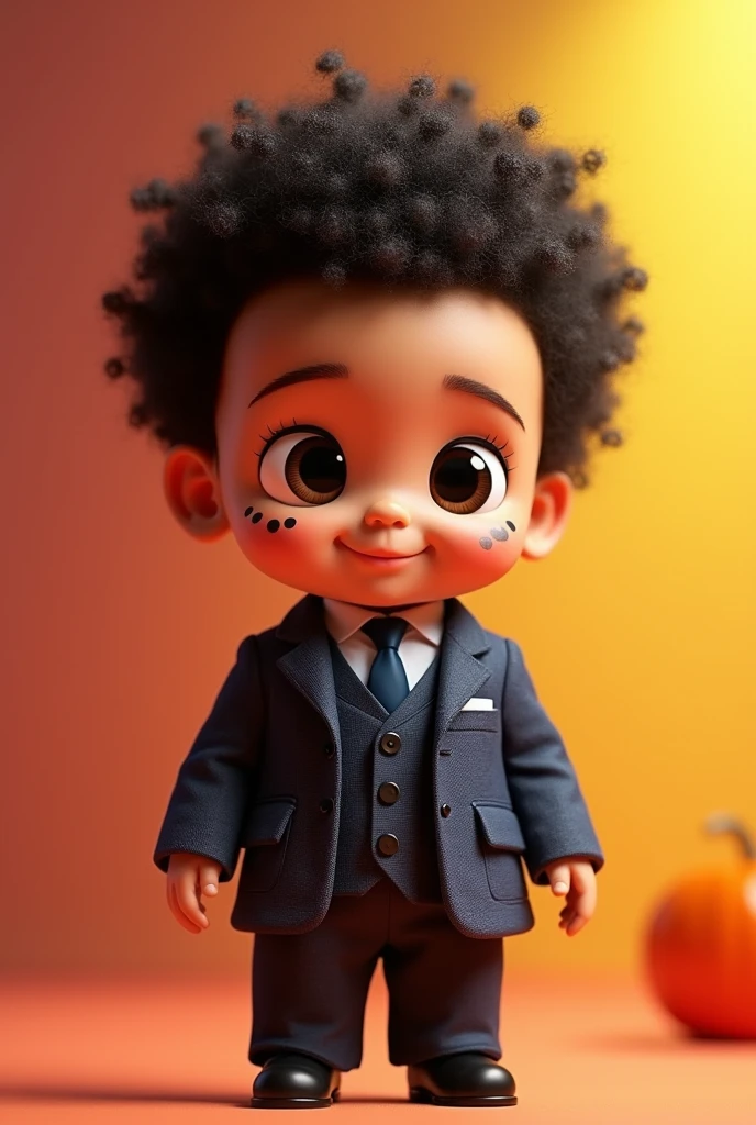 Image of a baby dressed in a suit, a small black spot on the left cheek, short black curly hair, a very small male spot on the left cheek, Pixar 3D