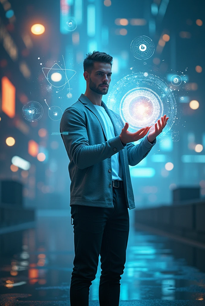 photo of a human male dressed, between entities and digital symbols while offering me a futuristic digital interface that is like a luminous sphere containing digital symbols.