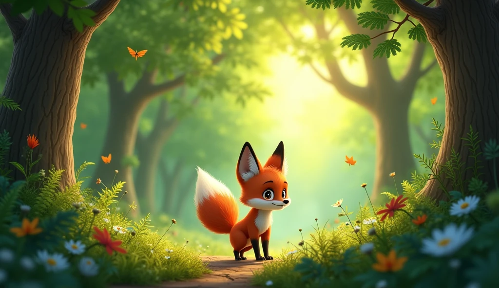 Little fox from the farm saw the forest he loved so much