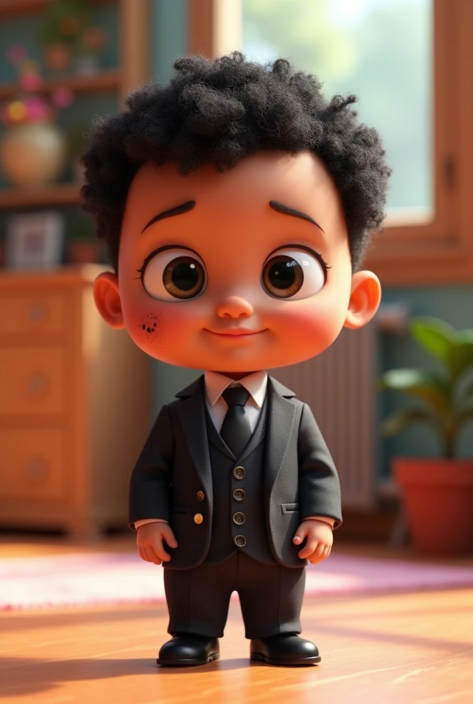 Image of a baby dressed in a suit, a small black spot on the left cheek, short black curly hair, a very small male spot on the left cheek, Pixar 3D