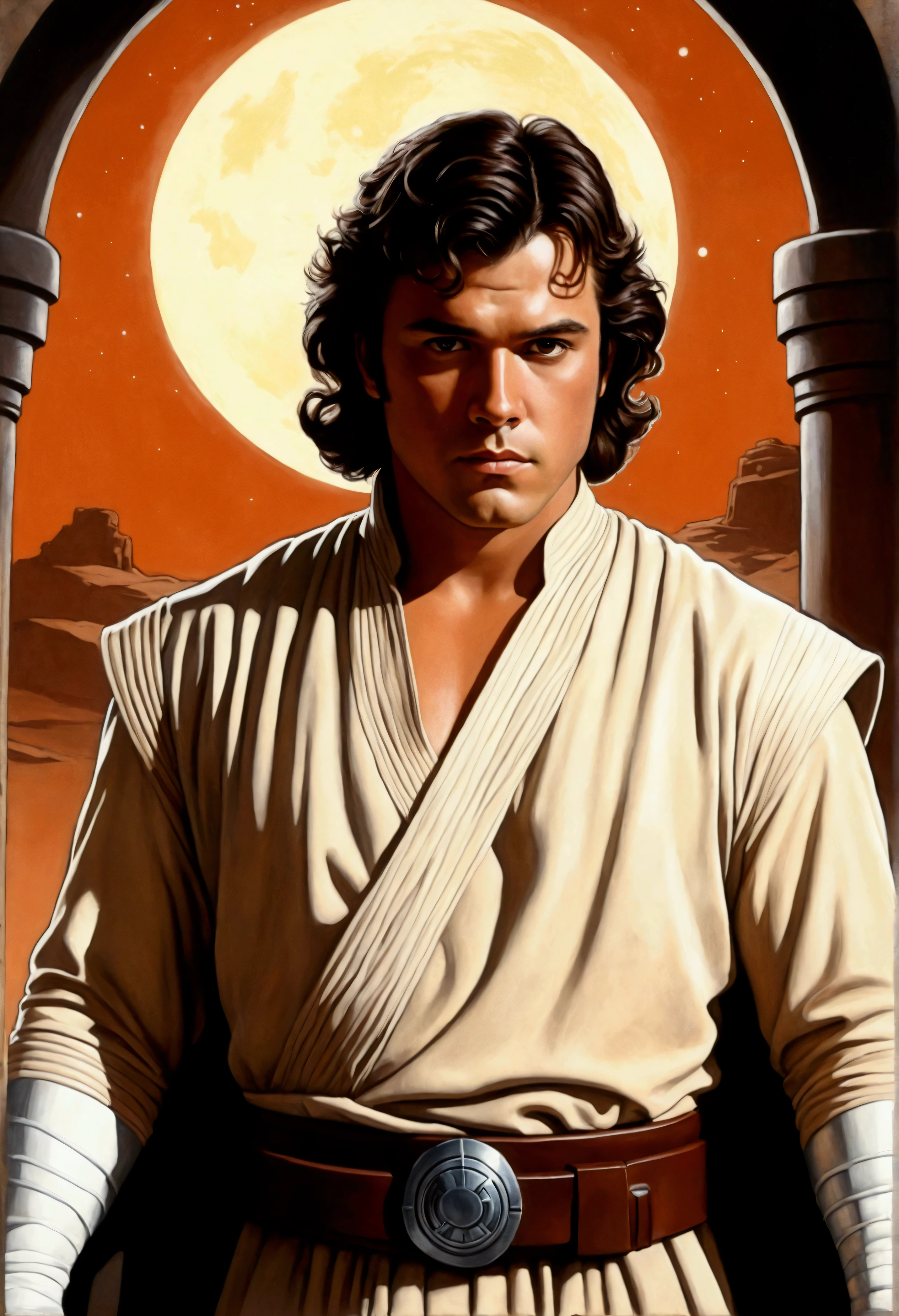 An illustrated movie poster, hand-drawn, full color, a Jedi Knight, 25-years-old, male, wearing a tunic shirt, portly figure, broad shoulders, muscular, hairy body, lost of body hair, brown eyes, brown-black hair, curly voluminous mane, sun-tanned skin, resembles Gavin Leatherwood, standing in a seedy cantina, graphite shading, stencil marks, airbrushed acrylic paint, masterpiece, in the style of Drew Struzan