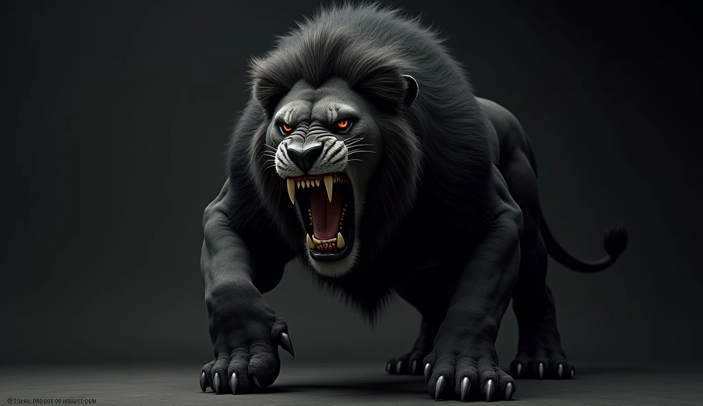 an angry lion showing its teeth with its mouth open black in color