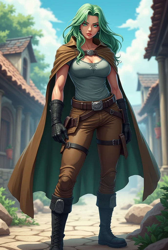 ((artwork, best quality)), ultra detailed,anime styler,1girl,rpg art,fullbody,mature woman,muscular body,bright light skin, adventurer clothes, black boots, brown pants, brown gloves, cape, green hair, blue eyes, serious face,gray shirt,
