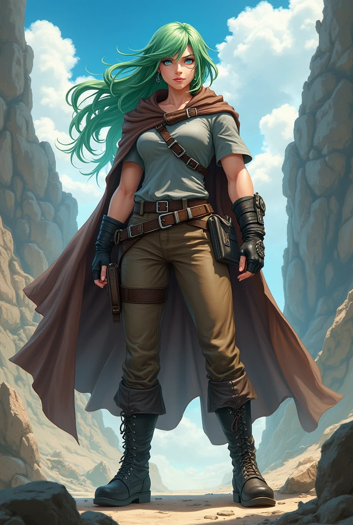 ((artwork, best quality)), ultra detailed,anime styler,1girl,rpg art,fullbody,mature woman,muscular body,bright light skin, adventurer clothes, black boots, brown pants, brown gloves, cape, green hair, blue eyes, serious face,gray shirt,
