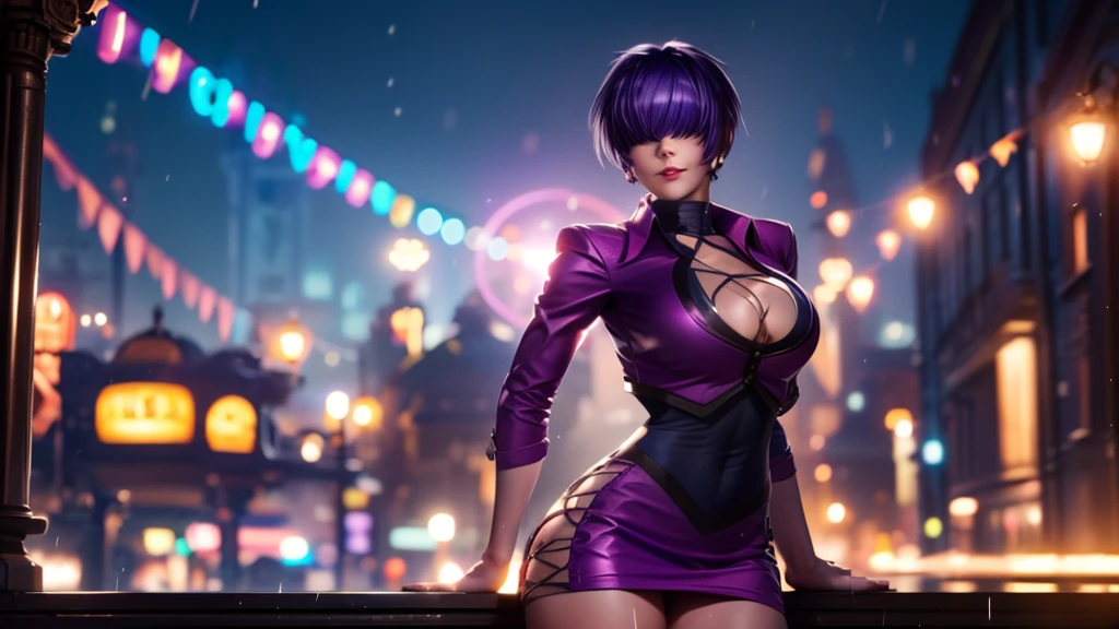 (at night), alone, in a video game scene a background of a beautiful city during the day raining, standing at attention, purple hair, ((purple hair)), 1 girl, alone, 20 years old, young woman, perfect hands , beautiful and perfect symmetrical fingers, beautiful long legs, perfect legs, beautiful body, beautiful nose, beautiful character design, perfect face, look at the viewer (focusing on the entire character), closed mouth, Light_Smile, official art, wallpaper Extremely detailed CG unity 8k, perfect lighting, bright and colorful front lighting, glowing skin (masterpiece: 1.0), (best quality: 1.0), ultra high resolution, 4K, ultra detailed photography, 8K, HDR, high resolution, nonsense: 1.2, Kodak portra 400, film grain, blurred background, bokeh: 1.2, lens flare, (vibrant_color: 1.2), professional photography, (beautiful_face: 1.5), (narrow waist),