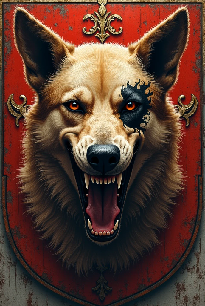 Make a coat of arms with an angry mongrel dog in the middle with a scar over its right eye