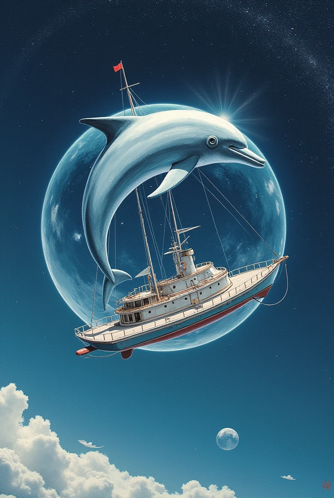 I want a drawing of a dolphin inside a round ship flying through space