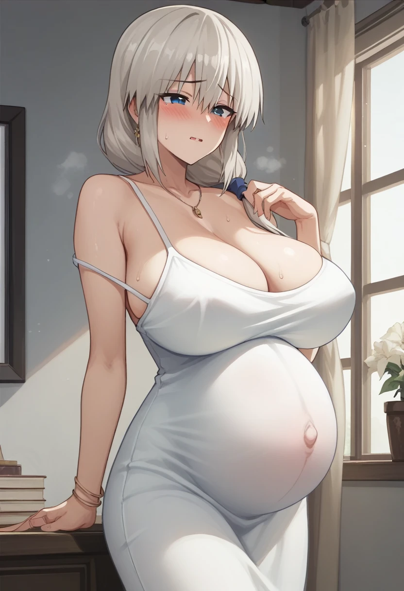 Huge breasts、blush、Sweat、In the heat、Long white hair、Braiding、uzaki_fortune、
{Highest quality}, {so beautiful}, {Very detailed}, {Best illustrations},Life、slim:1.5、Camisole long maxi dress(tight)、Are standing、Pregnant women