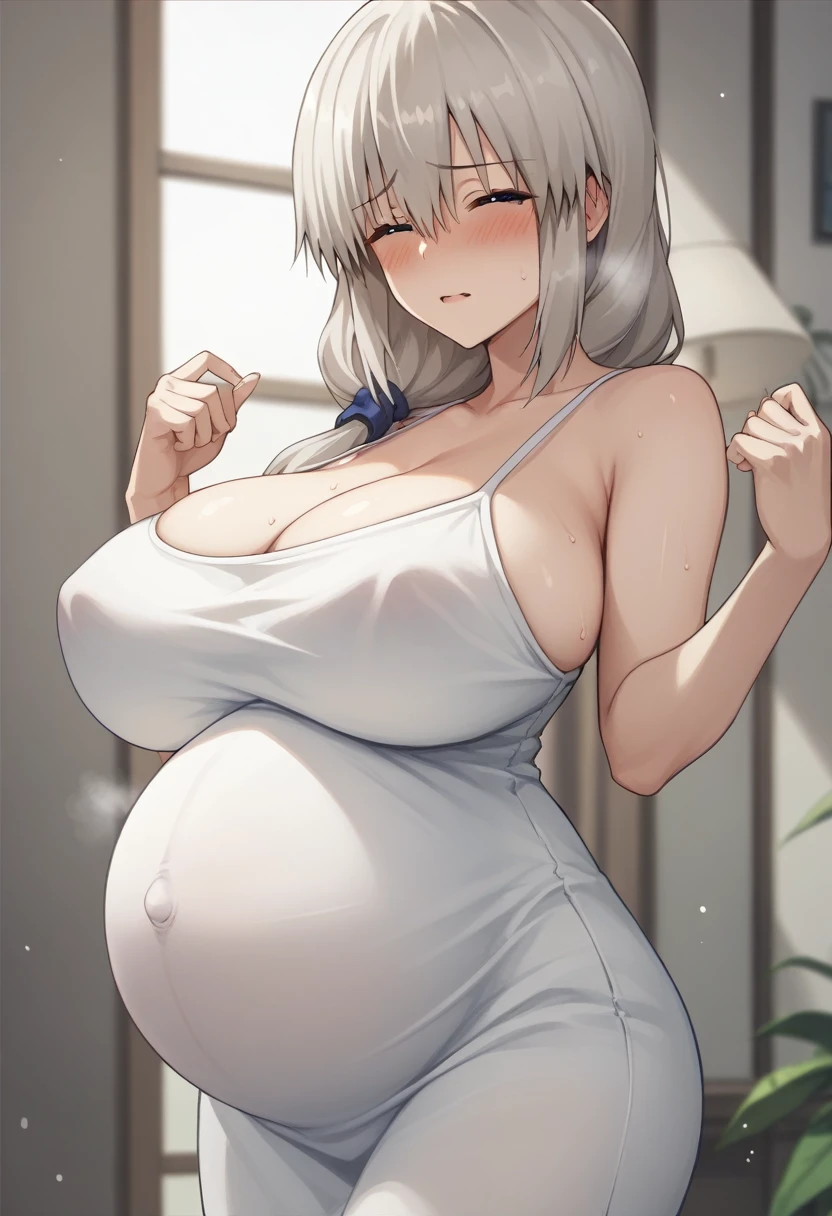 Huge breasts、blush、Sweat、In the heat、Long white hair、Braiding、uzaki_fortune、
{Highest quality}, {so beautiful}, {Very detailed}, {Best illustrations},Life、slim:1.5、Camisole long maxi dress(tight)、Are standing、Pregnant women