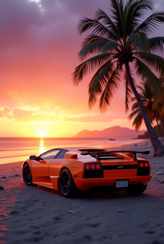 orange Lamborghini Murcielago sports car parked near a beach with a palm tree with warm sunlight on a beautiful sunset with rays of sun and a contrasting sky of violet and pink, high definition, high quality wallpapers, bold Lamborghini style , supercar, ultra realistic photography, luxury lifestyle, photo, cinematic, vibrant