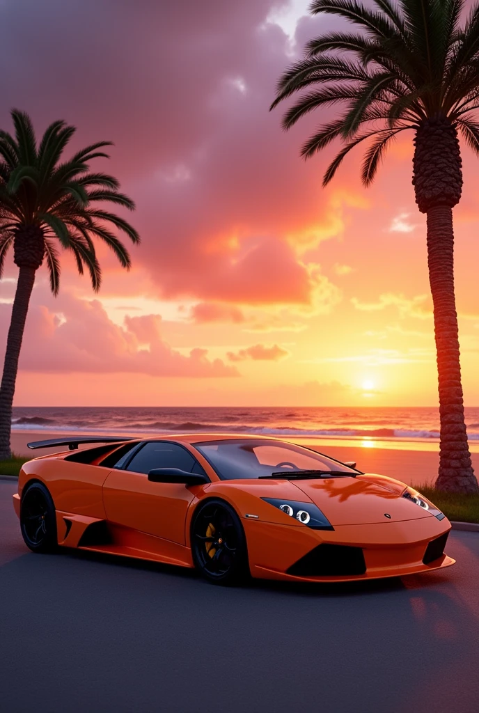 orange Lamborghini Murcielago sports car parked near a beach with a palm tree with warm sunlight on a beautiful sunset with rays of sun and a contrasting sky of violet and pink, high definition, high quality wallpapers, bold Lamborghini style , supercar, ultra realistic photography, luxury lifestyle, photo, cinematic, vibrant