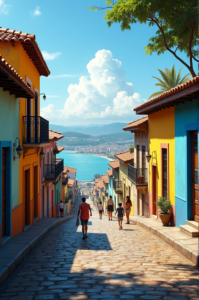A panoramic view of the Ribeira neighborhood in Salvador, Brazil, with vibrant colonial houses, busy streets filled with children playing, and fishermen working by the calm sea. The sky is clear with soft clouds, creating a peaceful and serene atmosphere."