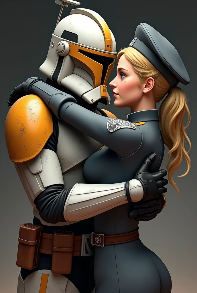 Dans le style comics de The Clone Wars. Crée un Lieutenant Arc Trooper de Classe Alpha. L'ARC a son casque avec son rangefinder. Également il a un pauldron et un kama. Il est entrain d'enlacer une Lieutenante de la Marine de la République galactique. Celle-ci a un uniforme gris avec un béret. La femme est blonde avec les cheveux attachés. Elle a des yeux bleus et des tâches de rousseurs.