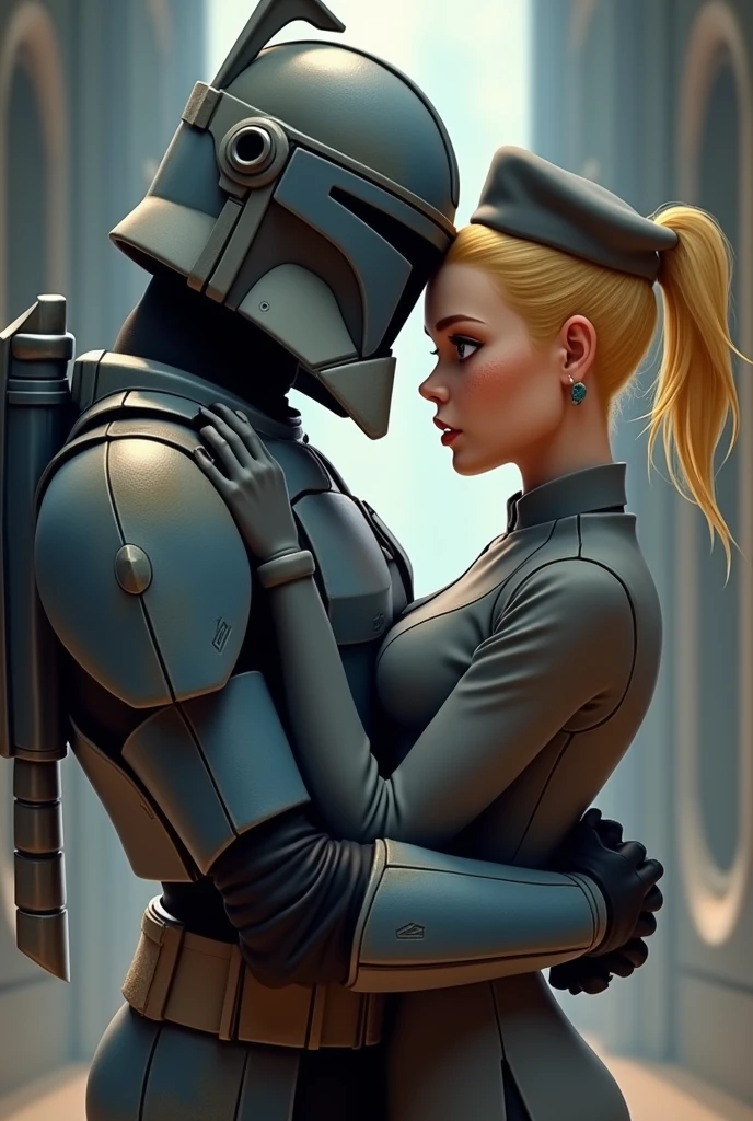 Dans le style comics de The Clone Wars. Crée un Lieutenant Arc Trooper de Classe Alpha. L'ARC a son casque avec son rangefinder. Également il a un pauldron et un kama. Il est entrain d'enlacer une Lieutenante de la Marine de la République galactique. Celle-ci a un uniforme gris avec un béret. La femme est blonde avec les cheveux attachés. Elle a des yeux bleus et des tâches de rousseurs.