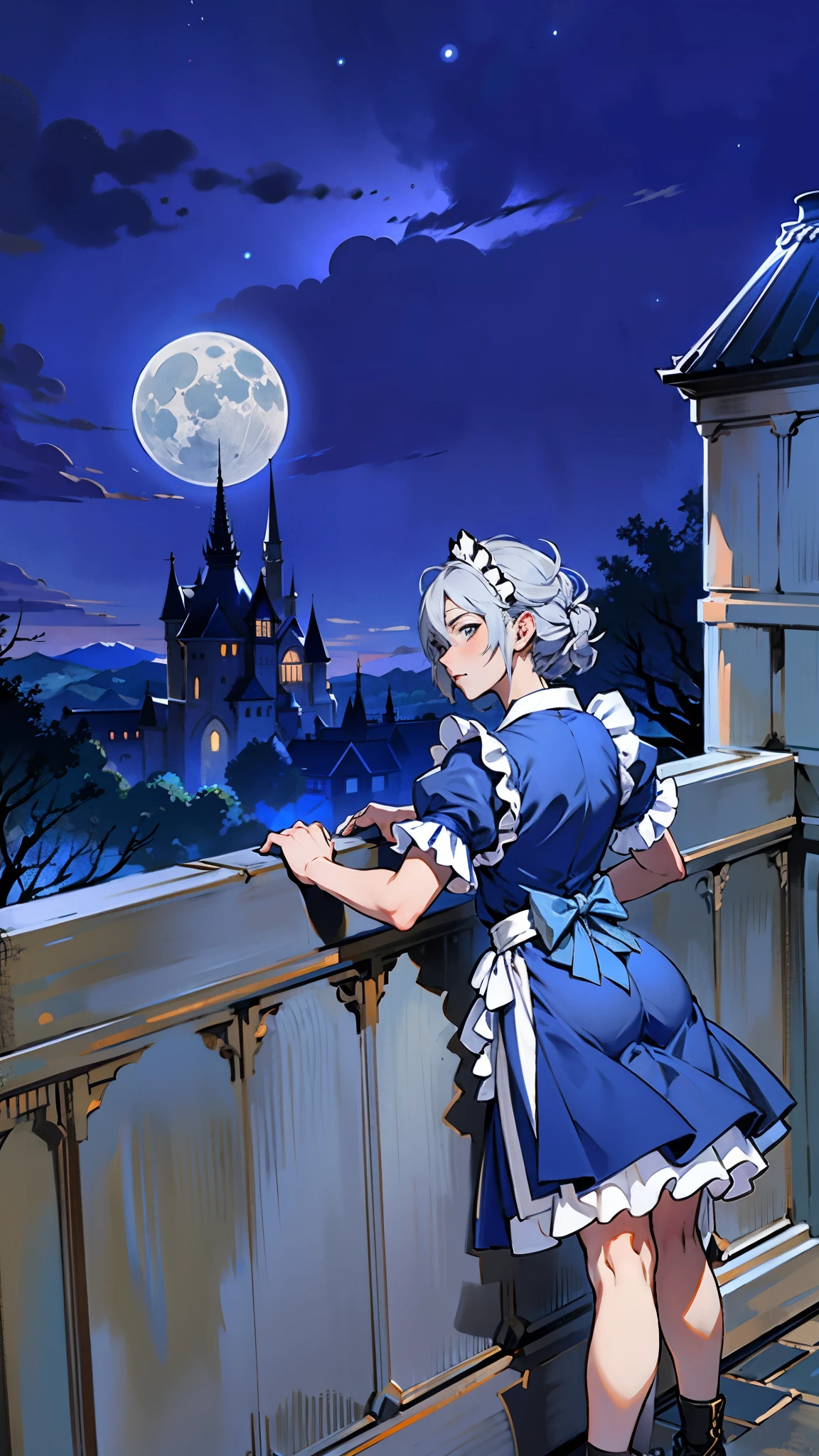 Sakuya Izayoi, silver hair, blue eyes, blue maid outfit, white apron, calm and serious expression, Scarlet Devil Mansion background. Il y a une femme en robe bleue debout sur un balcon à regarder la lune. du désir, clair de lune bleuâtre, regarder la lune, la lune derrière elle, la nuit moonlit, tenue sur le thème lunaire, lune bleuelight, nuit bleue, , la nuit!!, la nuit, touhou, je regarde la pleine lune, lune bleue, la nuit!, Au clair de lune, anime girl in blue robe looking at a castle at night, anime girl in a Femme de ménage costume, le désir de projeter official artwork, a Femme de ménage in a magical forest, le désir de projeter, éclaboussure d'art animé , ( château en arrière-plan ), caractère nostalgique, cosplay d' Femme de ménage! robe, anime girl in a Femme de ménage costume