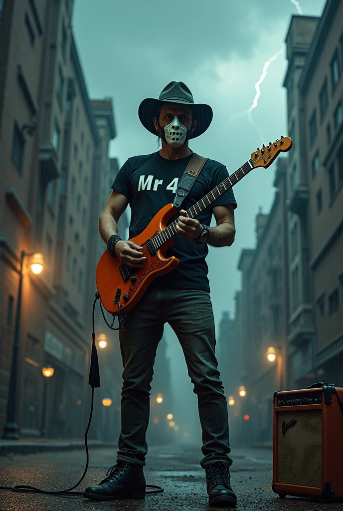 GAME cover wide photo, rockers musician man with hockey mask with coboy hat , casual black tshirt , Mr 43 is the label of the t shirt , standing with the orange ibanez electric guitar and speaker amplifier on gound , playing death sympony , backgound thunder strom in the empty city . old city empty