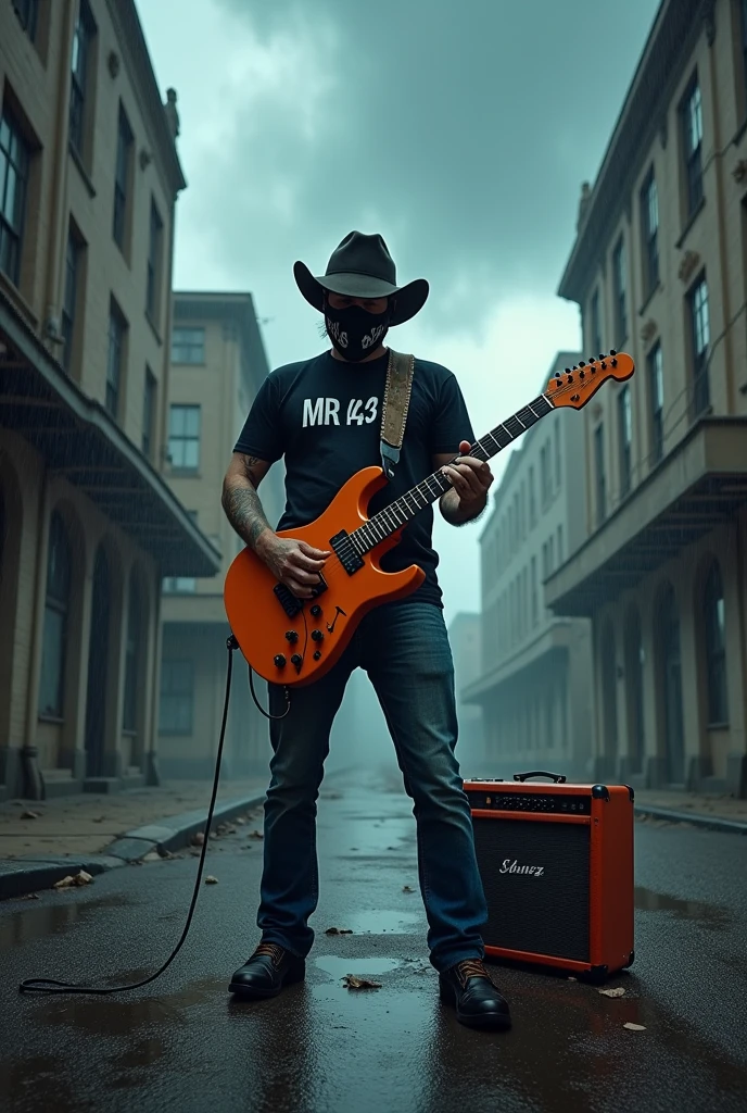 GAME cover wide photo, rockers musician man with hockey mask with coboy hat , casual black tshirt , Mr 43 is the label of the t shirt , standing with the orange ibanez electric guitar and speaker amplifier on gound , playing death sympony , backgound thunder strom in the empty city . old city empty