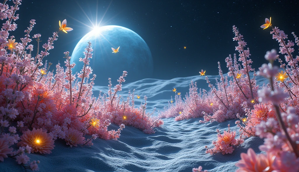 The Moon's Glass Gardens: "Visualize an expansive garden on the moon, with plants made entirely of glass. Each flower and leaf refracts the sunlight, casting rainbows across the lunar surface. The garden is encased in a translucent dome that protects it from the harsh vacuum of space, and within, the air shimmers with floating particles of light. The plants grow in intricate, geometric patterns, and small, glowing insects pollinate the flowers, their wings beating with a faint hum that echoes through the dome."