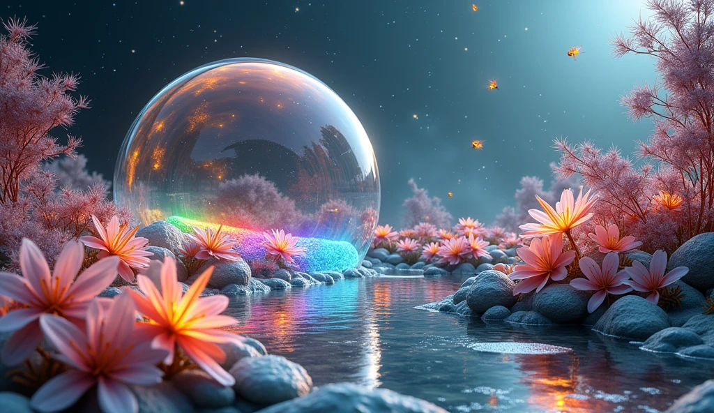 The Moon's Glass Gardens: "Visualize an expansive garden on the moon, with plants made entirely of glass. Each flower and leaf refracts the sunlight, casting rainbows across the lunar surface. The garden is encased in a translucent dome that protects it from the harsh vacuum of space, and within, the air shimmers with floating particles of light. The plants grow in intricate, geometric patterns, and small, glowing insects pollinate the flowers, their wings beating with a faint hum that echoes through the dome."

