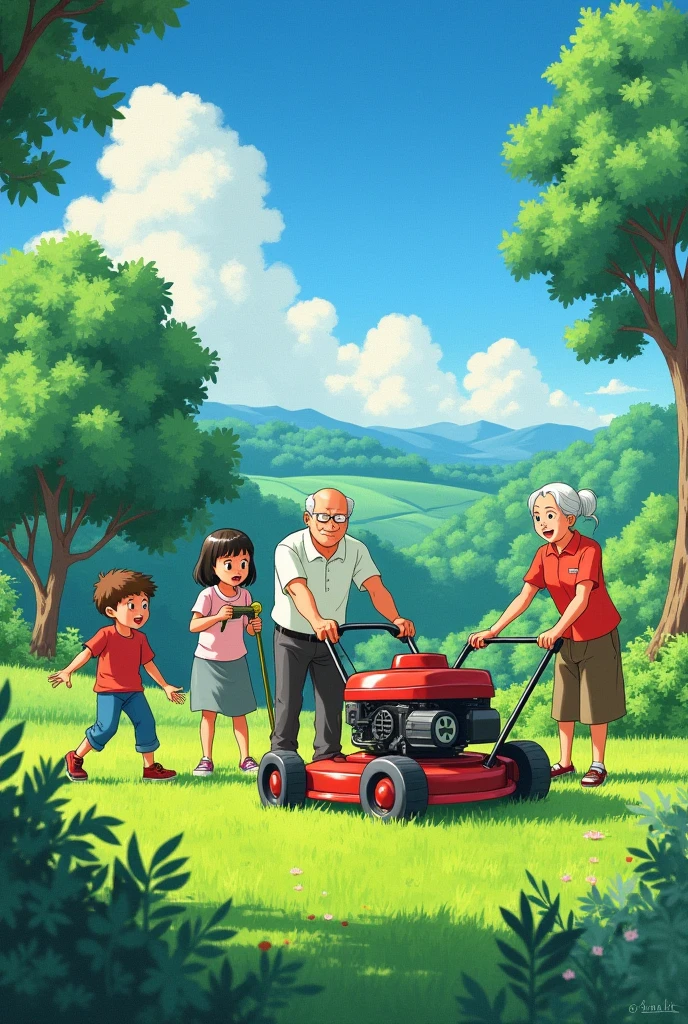 Ghibli anime style painting、Young and old people working together、Actively working outside with a lawnmower