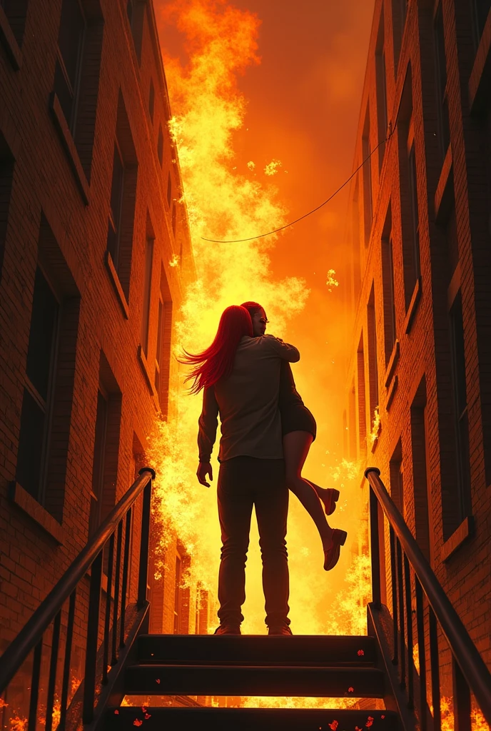 Make a chart based on this description: Alicia painted an exposed brick building, a hospital — and it was undeniable that it was the Grove. It was on fire, completely engulfed in flames. There were two noticeable figures on the fire escape.
A man and a woman trying to escape. The woman was undoubtedly Alicia herself., the red hair the same color as the flames. And I recognized myself in the man. He carried Alicia in his arms, suspending her as the fire licked my ankles.