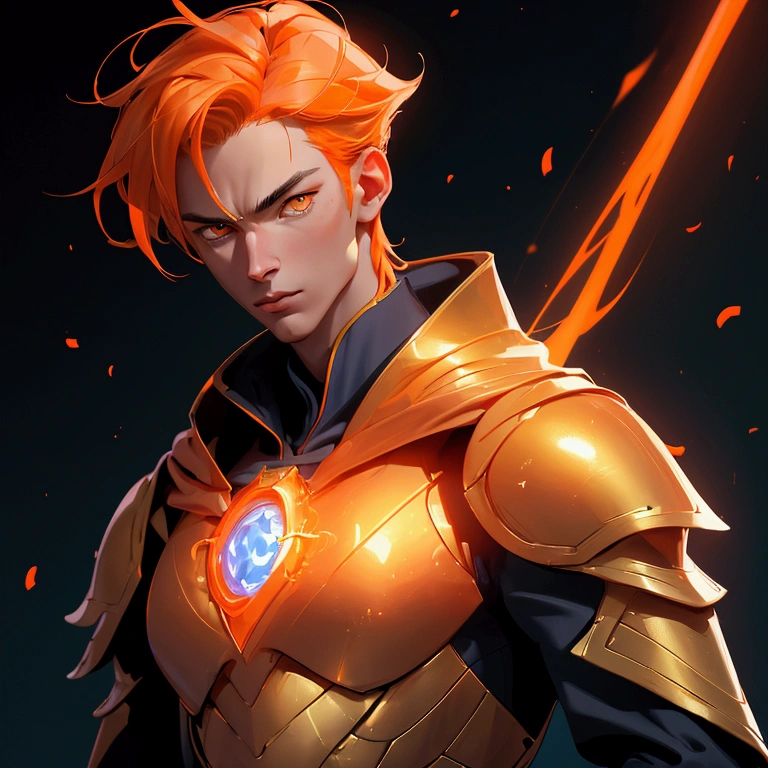 envision a 8k, highres, cinematic close up portrait of a man with a slender skinny body, no facial hair with sleek orange hair, and orange eyes wearing golden armor and tight dark blue super suit, grand wizard, magic effects against a dark gray background