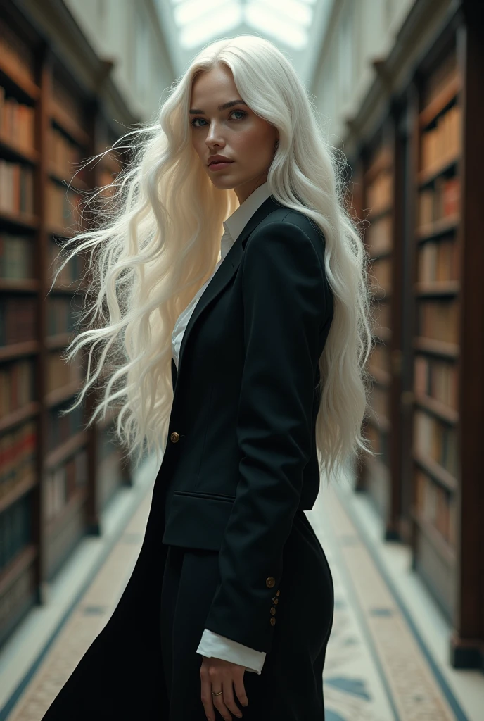 Tall beautiful woman with white hair in a school