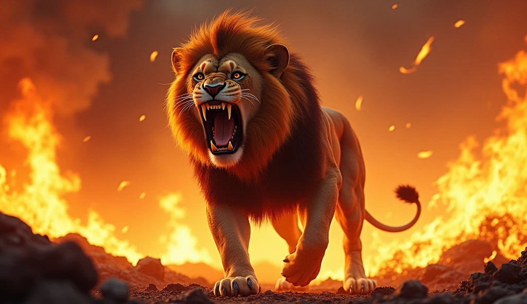 an angry lion showing its teeth with its mouth open in the middle of the fire