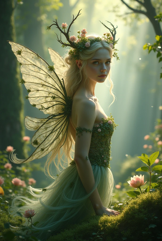 (best qualityer,4K,8k,high resolution,work of art:1.2),ultra detali,(realisitic,photorealisitic,photo-realisitic:1.37),forst,captivating female Dryad creature,Enchanted ethereal landscape,lush vegetation,majestic ancient trees,Magical sunlight flowing through the branches,soft, shiny moss covering the ground,Wings of branches and flowers,delicate flowers blooming around you,fascinating eyes that emit a soft glow,serene expression,graceful pose,artistic interpretation,Subtle color palette,mystical atmosphere,playful and whimsical elements,mesmerizing presence,harmonious blend of the Dryad with her surroundings,feeling of immersive fantasy,natural and realisitic lighting, queen with crown of thorns and flowers