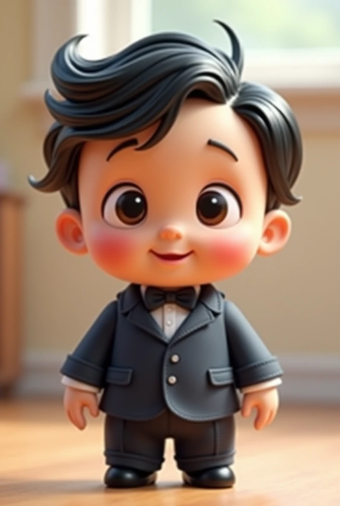 Image of a baby wearing a suit, a small black spot on the left cheek, short black wavy hair, a very small mole on the left cheek, Pixar 3D