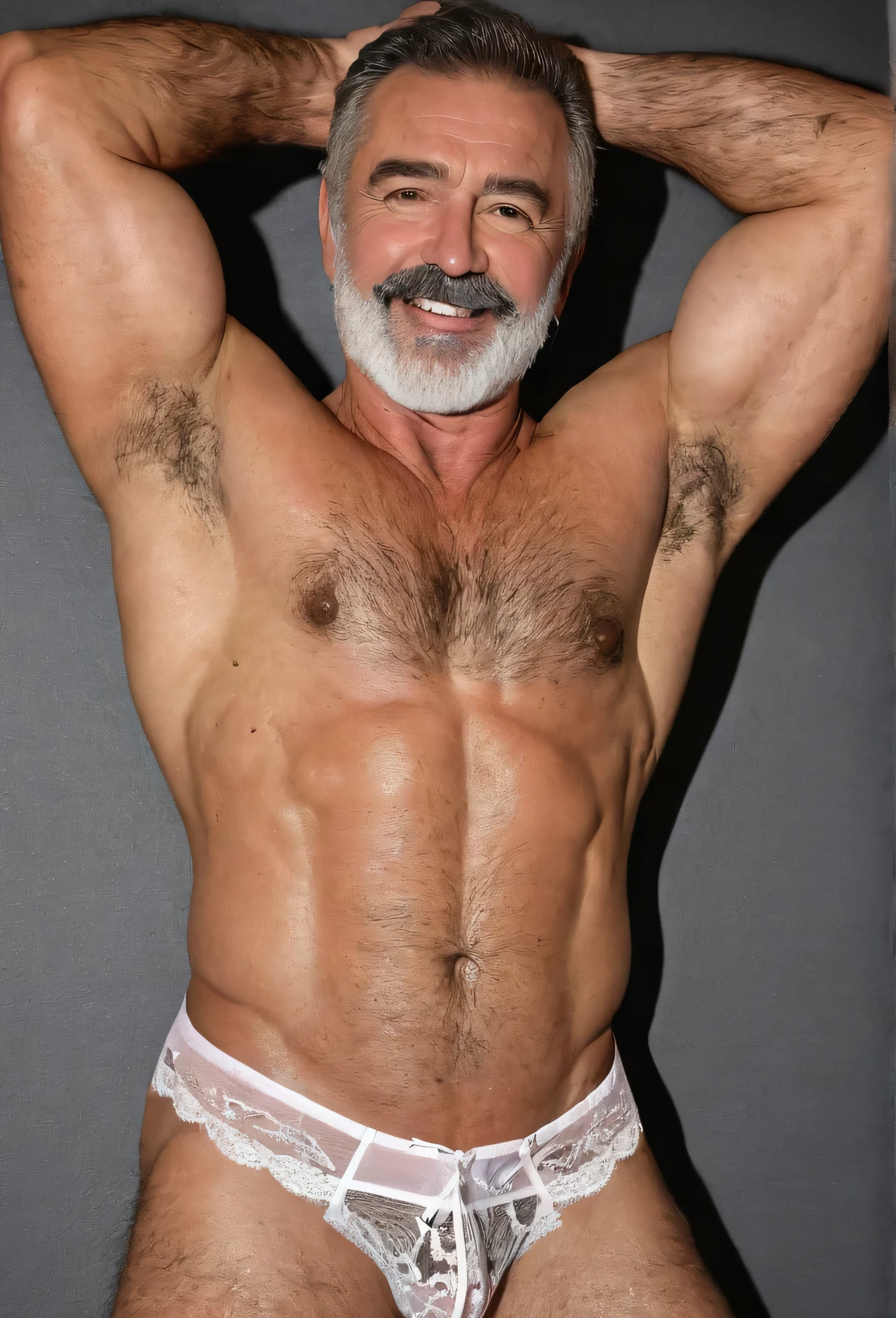 Muscled daddy showing his armpits and pubic hair, chest and pubic hair, lingerie