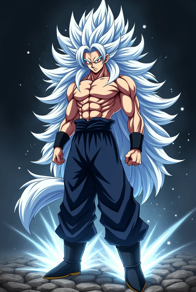 The hair becomes extremely long and silver in color., almost white.The eyes take on a deep red hue, which gives it a fierce and powerful appearance.The aura surrounding Super Saiyan 10 is black with silver sparkles., reflecting the forbidden and dark nature of this power.The musculature increases significantly, making the character look more robust and strong.The skin of the entire body is covered by a light layer of gray fur.,which contrasts with the hair and aura.(with dark blue jin pants,shirtless,black boots/anime style)