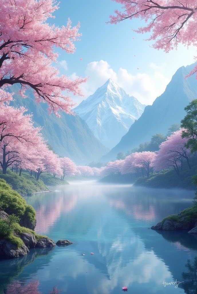 Forest with cherry blossom trees and a clear lake with mists and snow-capped mountains with a heavenly style