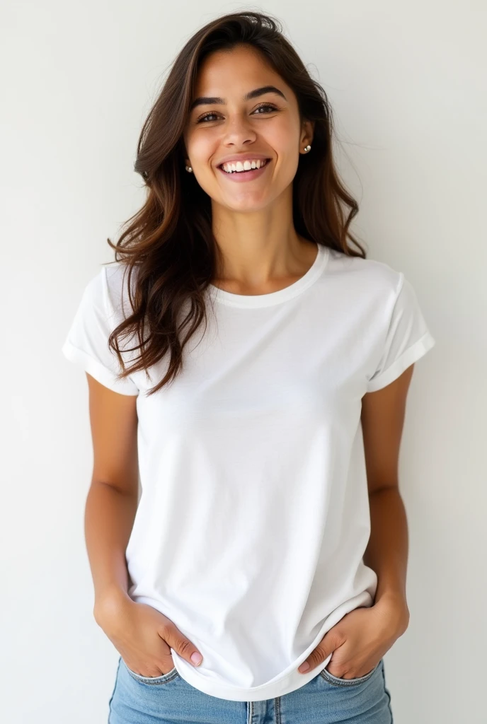 Brazilian woman with light skin and brown hair wearing a white cotton round neck baby look t-shirt with her hands in her pockets smiling happily white background
