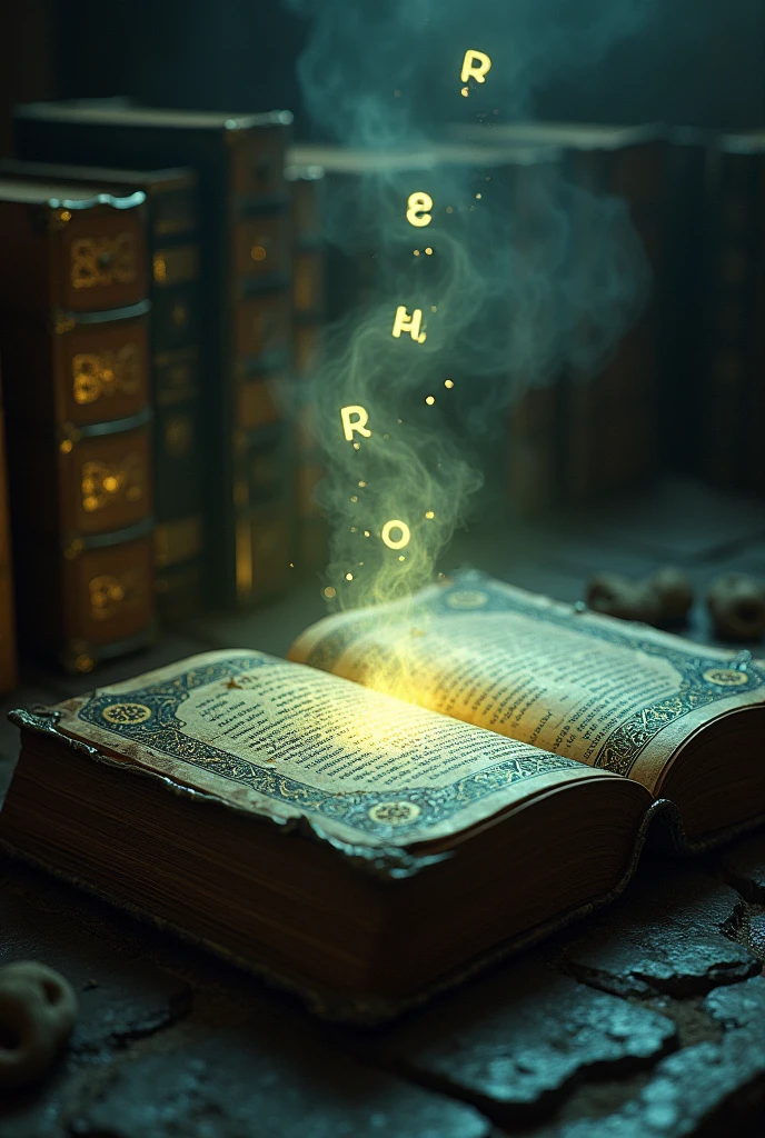 An ancient gothic tome from which glowing letters fly out and illuminate a dark place.. More books around. Horizontal image.