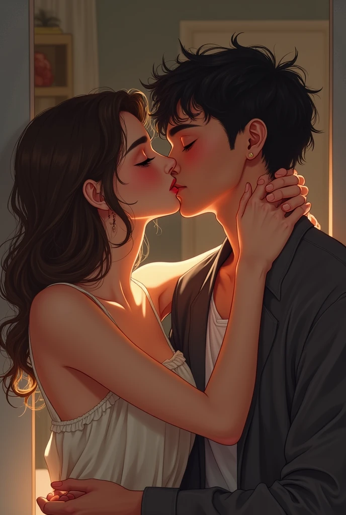 Cute woman kissing a shy guy with tongue 