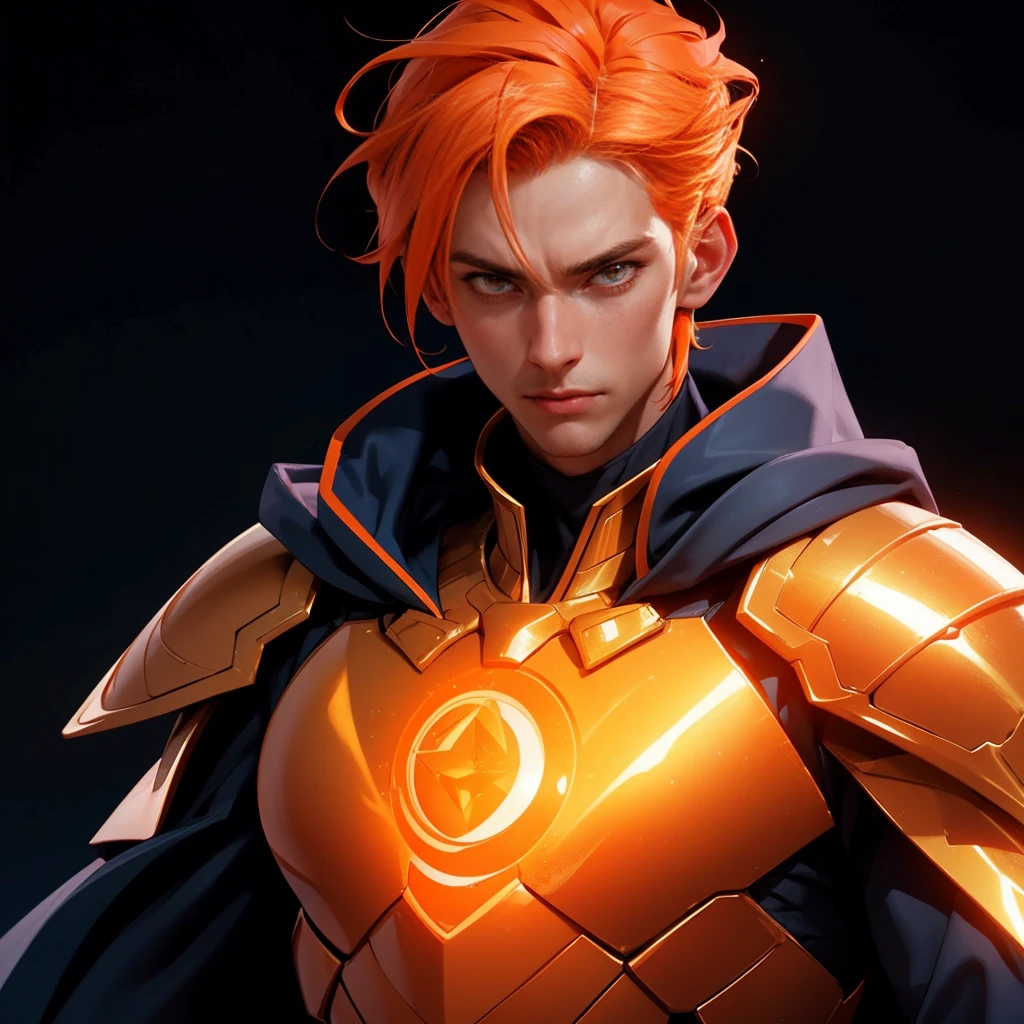 envision a 8k, highres, cinematic close up portrait of a man with a slender skinny body, no facial hair with sleek orange hair, and orange eyes wearing golden armor and tight dark blue super suit, grand wizard, magic effects against a dark gray background