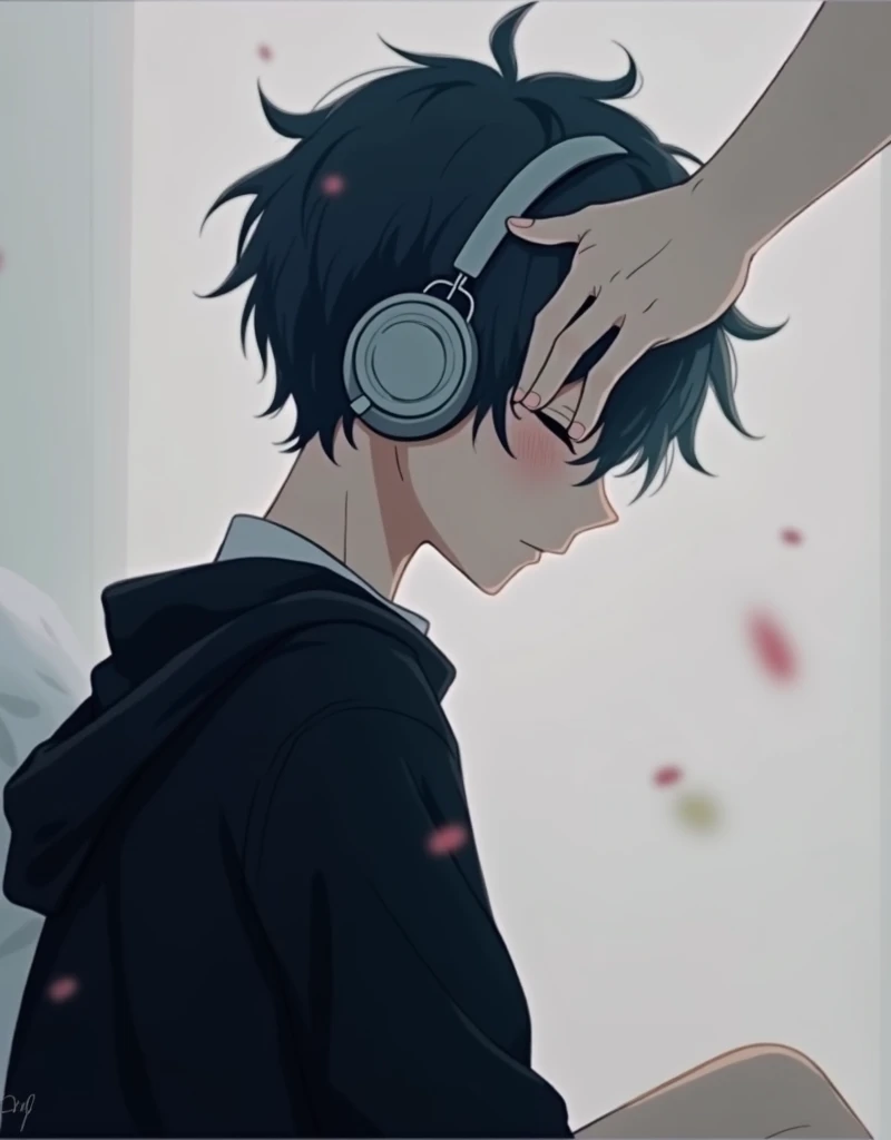 Anime boy crying in his room, natta, work of art, best qualityer,tenebrosa room,tenebrosa,Aesthetic,sad because his girlfriend broke up with him ,He's wearing headphones, his eyes were closed