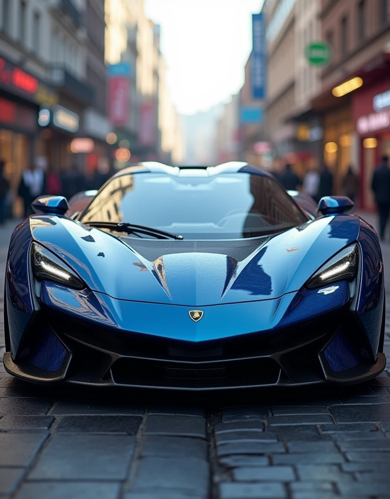 a close-up of a blue sports car with black accents on a city street, Supercar, cinematic front shot, imposing aerodynamic, badass batmobile car design, poison, futuristic car, prototype car, futuristic cars, black car, Lamborghini's bold style, Supercar, concept car, futuristic carro-conceito, stealth model, futuristic car concept, Incredibly detailed octane rendering