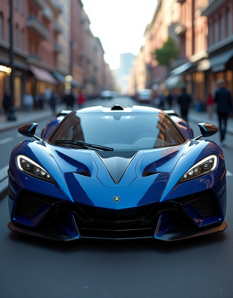 a close-up of a blue sports car with black accents on a city street, Supercar, cinematic front shot, imposing aerodynamic, badass batmobile car design, poison, futuristic car, prototype car, futuristic cars, black car, Lamborghini's bold style, Supercar, concept car, futuristic carro-conceito, stealth model, futuristic car concept, Incredibly detailed octane rendering