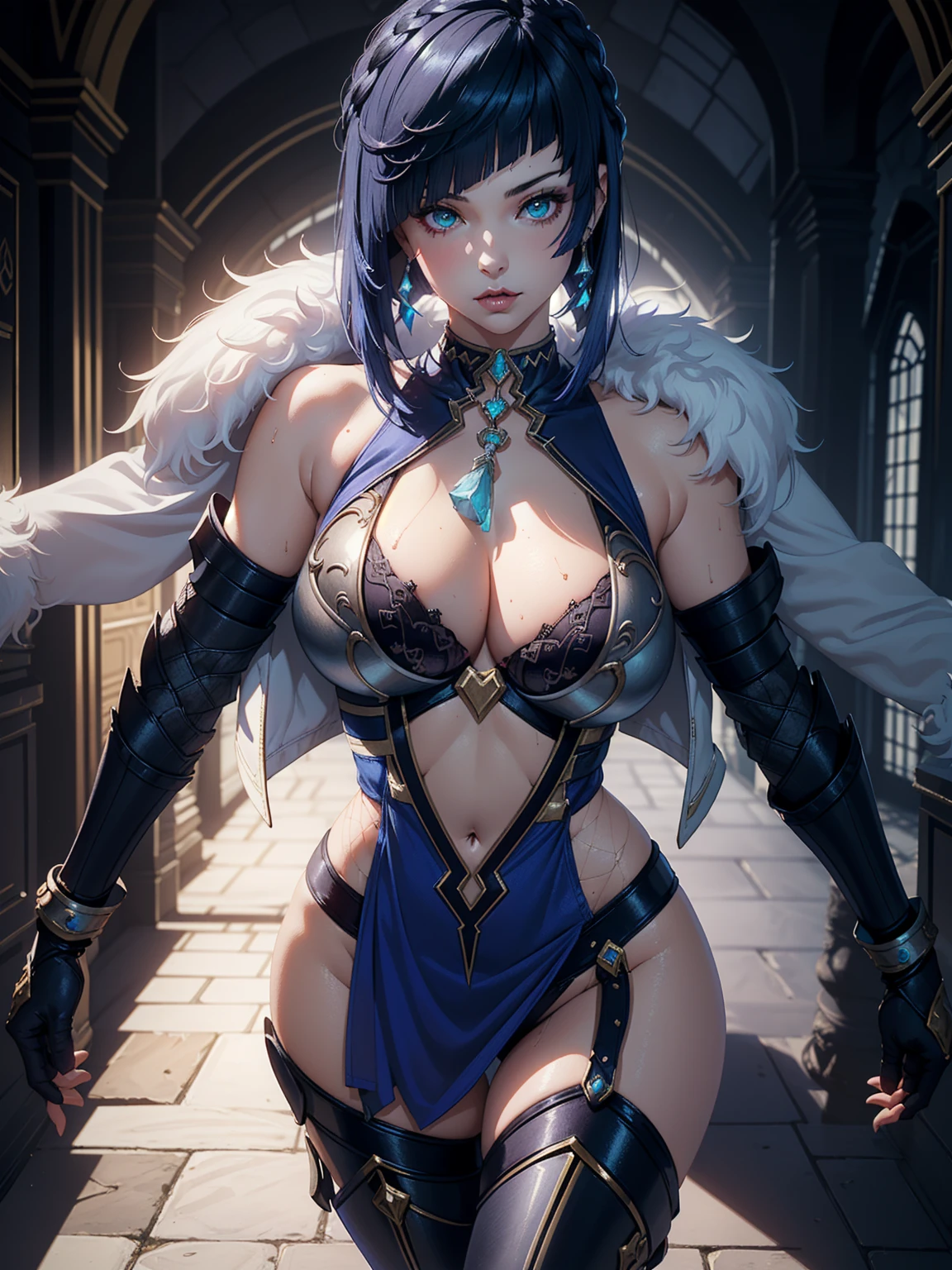 1girl,(sexy armor:1.5), full body, (depth of field), masterpiece,8k, dynamic poses, ultra detail, (pretty face:1.4), (stocking:1.5), (navel:1.5), (large breasts:1.8), (perfect body:1.2), (cynematic light:1.5), (fantasy vibes:1.5), (req glowing eyes), (inside castle)