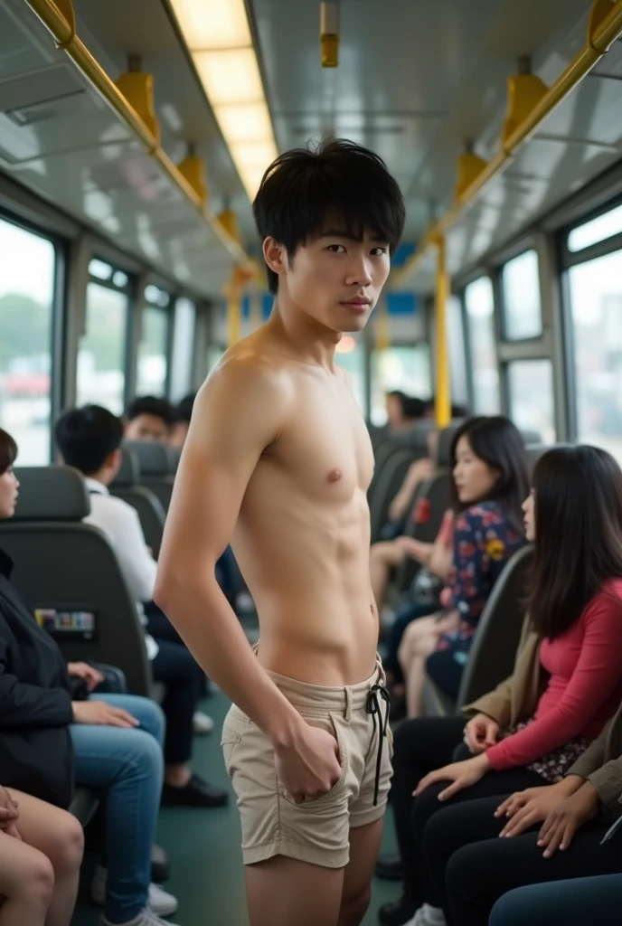 South Korea Korean man boy completely naked on public bus modeling his penis in full view of Korean moms and girls who are watching the man modeling seen by others